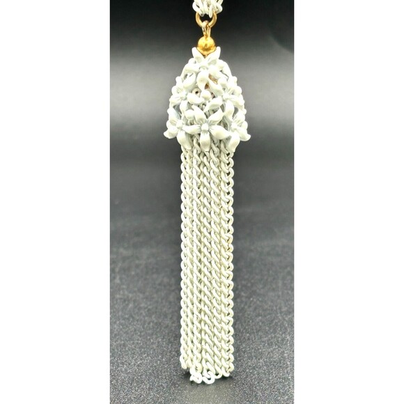Vintage Monet‎ White Enamel over Metal Chain Necklace with Tassel Signed 24in - Picture 10 of 13